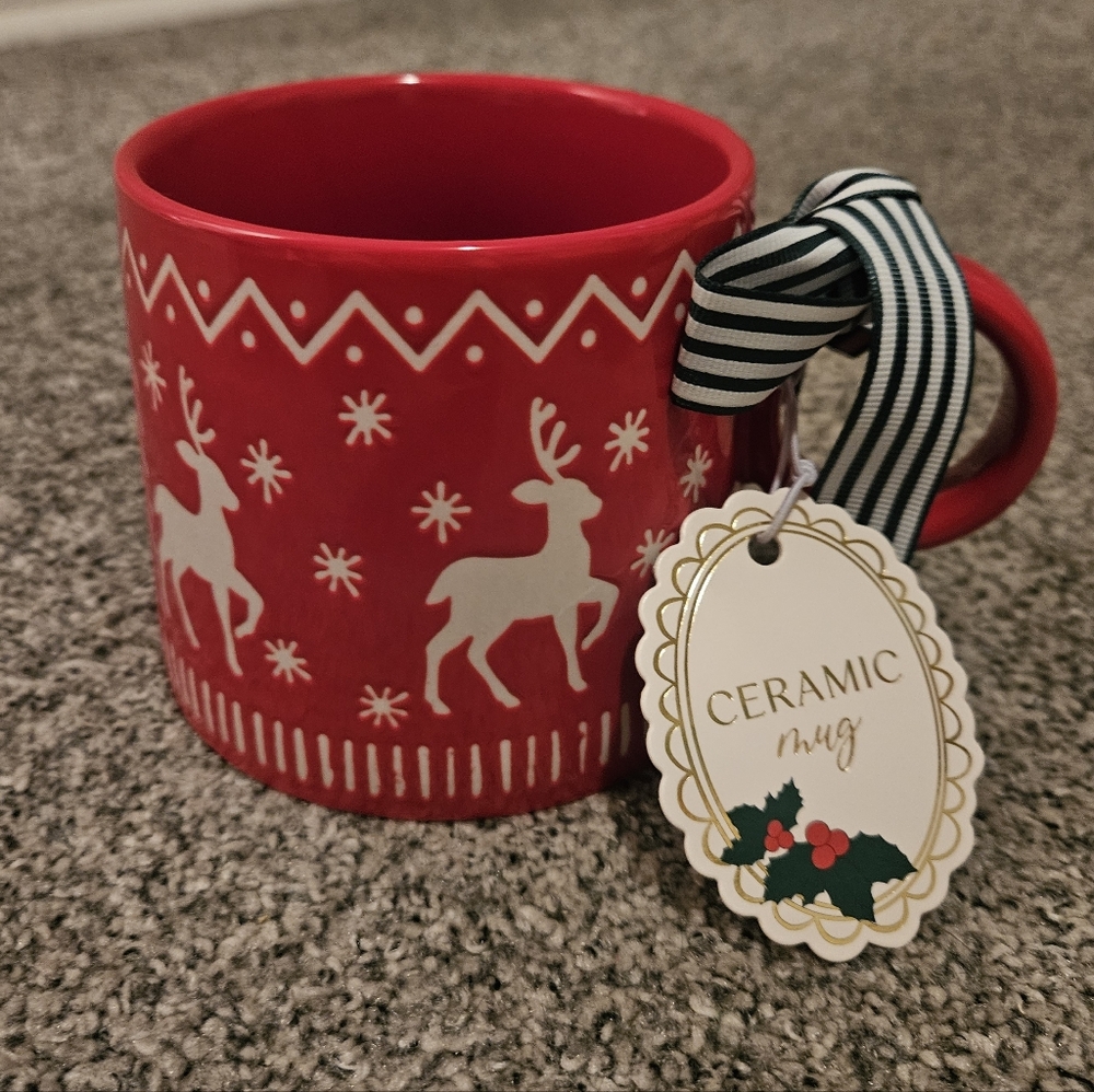 Holiday Red Ceramic Mug with Reindeer Pattern